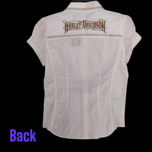 Harley-Davidson White‎ Embroidered Short Puff Sleeve Button Down Shirt
